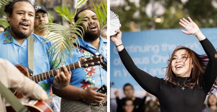 Men singing and playing guitars, woman dancing and playing tamborine